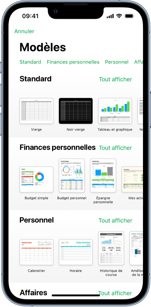 Le sélecteur de modèles affiche en haut une rangée de catégories que vous pouvez toucher pour filtrer les options. En dessous, des vignettes de modèles prédéfinis sont disposées en rangées par catégorie, en commençant en haut par Récents, suivi de Standard et de Finances personnelles. Un bouton « Voir tout » apparaît au-dessus et à droite de la ligne de chacune des catégories. Le bouton Langue et région se trouve dans le coin supérieur droit.
