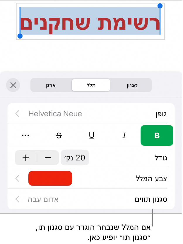 כלי הבקרה לעיצוב מלל עם ״סגנון תווים״ מתחת לכלי הבקרה של צבעים. סגנון התווים ״ללא״ מופיע עם כוכבית.