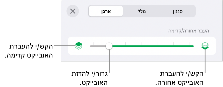 הכפתור ״העבר אחורה״, הכפתור ״העבר קדימה״ והמחוון של סידור בשכבות