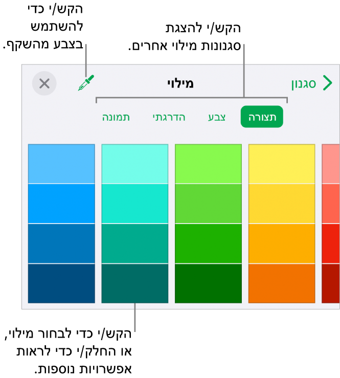 אפשרויות מילוי בכרטיסייה ״סגנון״ של הכפתור ״עיצוב״.