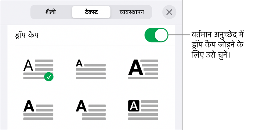 ड्रॉप कैप नियंत्रण टेक्स्ट मेनू के नीचे होते हैं।