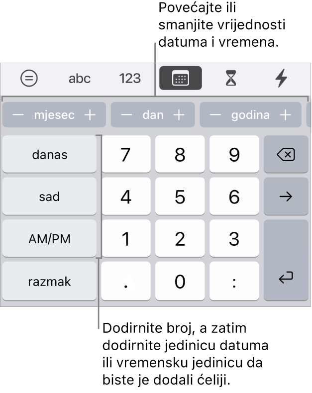 Tipkovnica za datum i vrijeme. Redak tipaka na vrhu prikazuje jedinice vremena (mjesec, dan i godina) koje možete postupno mijenjati za promjenu vrijednosti prikazane u ćeliji. S lijeve strane nalaze se tipke za danas, trenutačno vrijeme, te AM/PM, a brojčane tipke su u središtu tipkovnice.