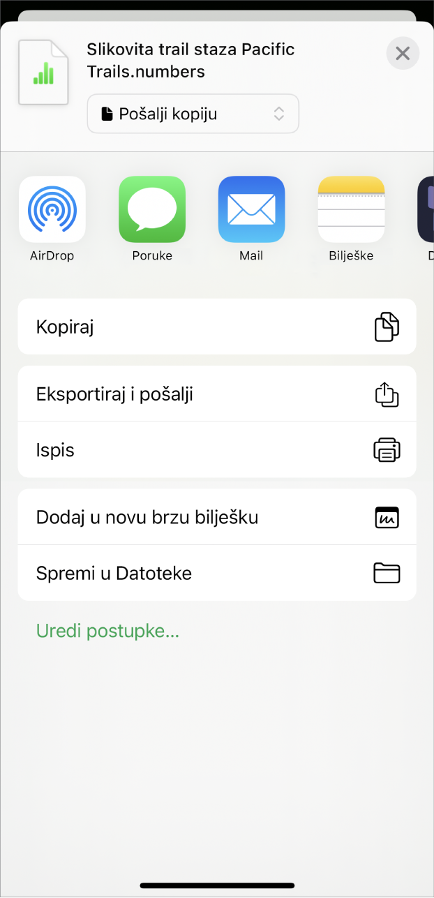 Prozor aplikacije Numbers s prikazom izbornika dijeljenja, s opcijom za slanje kopije tabličnog dokumenta, eksportiranje i slanje u drugom formatu ili ispis i spremanje tabličnog dokumenta u aplikaciju Datoteke.
