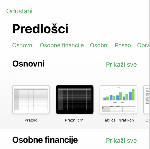 Izbornik predložaka s prikazom retka kategorija preko vrha na koje možete dodirnuti za filtriranje opcija. Ispod su minijature prethodno dizajniranih predložaka poredanih u redove prema kategoriji.