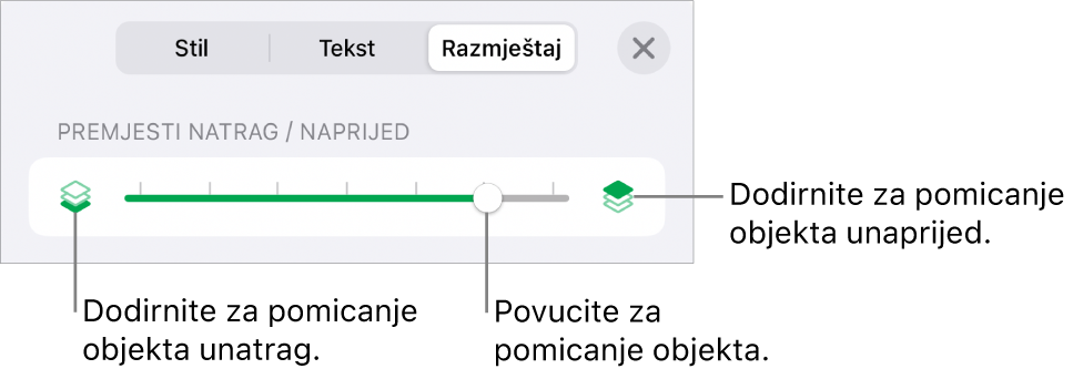 Tipka Premjesti natrag, tipka Premjesti naprijed, i kliznik za slojeve.