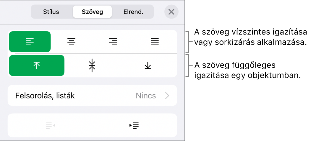A Formátumvizsgáló Elrendezés szakasza a szövegigazítási és térközbeállítási gombokat jelölő feliratokkal.