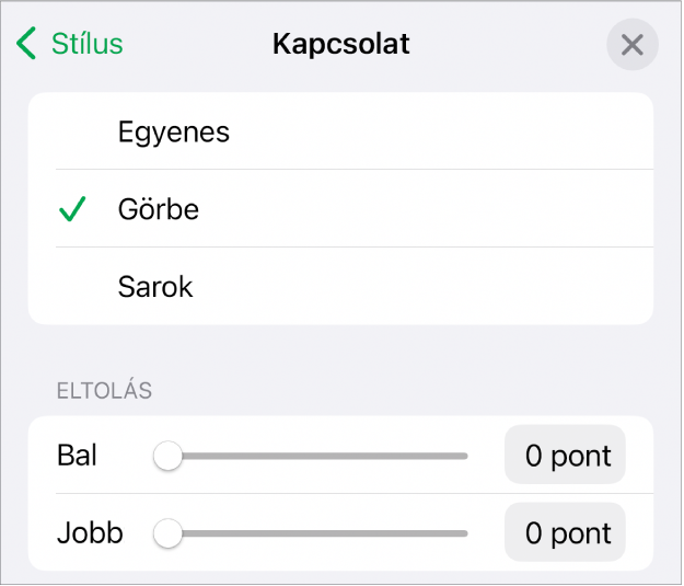 A Kapcsolatok vezérlők a kijelölt Görbe elemmel.