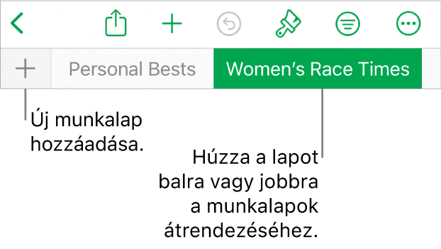 Lapsáv új munkalap hozzáadásához, navigáláshoz, sorrendmódosításhoz és munkalapok átrendezéséhez.