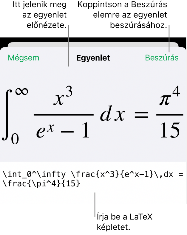 Az Egyenlet párbeszédpanel, amelyen egy, a LaTex-parancsok használatával írt egyenlet, felül pedig az egyenlet előnézete látható.