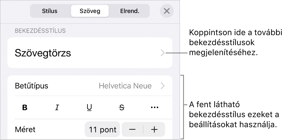 A Formátum menü a bekezdés és a karakterek stílusának, betűtípusának, méretének és színének beállítására szolgáló vezérlőkkel.