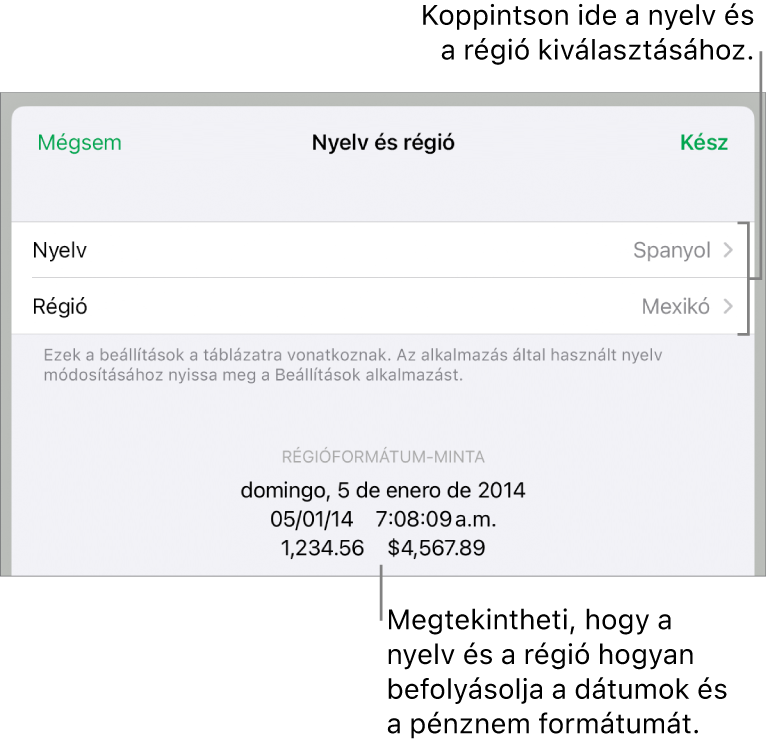 A Nyelv és régió panel a nyelv és régió vezérlőivel és egy formátum példával (ide értve: dátum, idő, tizedes és valuta).