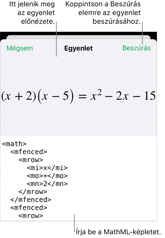 Az Egyenlet párbeszédpanel, amelyen egy, a MathML-parancsok használatával írt egyenlet, felül pedig az egyenlet előnézete látható.