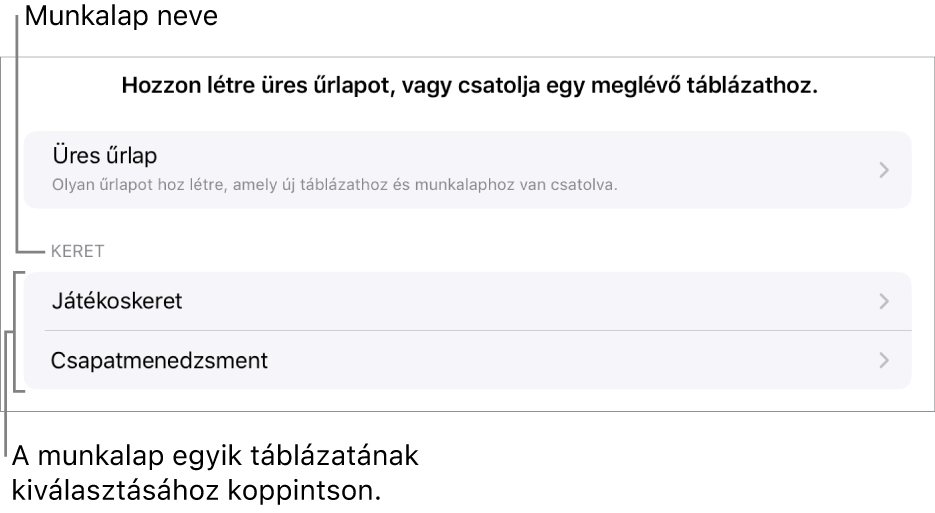 Azonos munkafüzetben megnyitott táblázatok listája, a fent található üres űrlap létrehozására szolgáló beállítással.