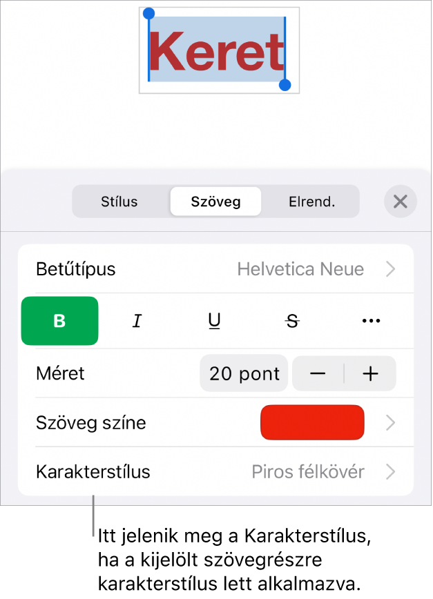 A Szövegformázás vezérlők a Karakterstílussal a Színek vezérlői alatt. A Nincs karakterstílus látható egy csillag szimbólummal.