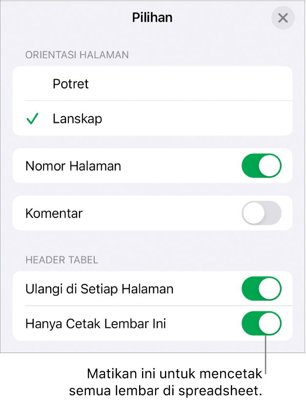 Pilihan pencetakan untuk memilih orientasi halaman, menunjukkan nomor halaman dan header, dan memilih ukuran kertas dan halaman yang akan dicetak.