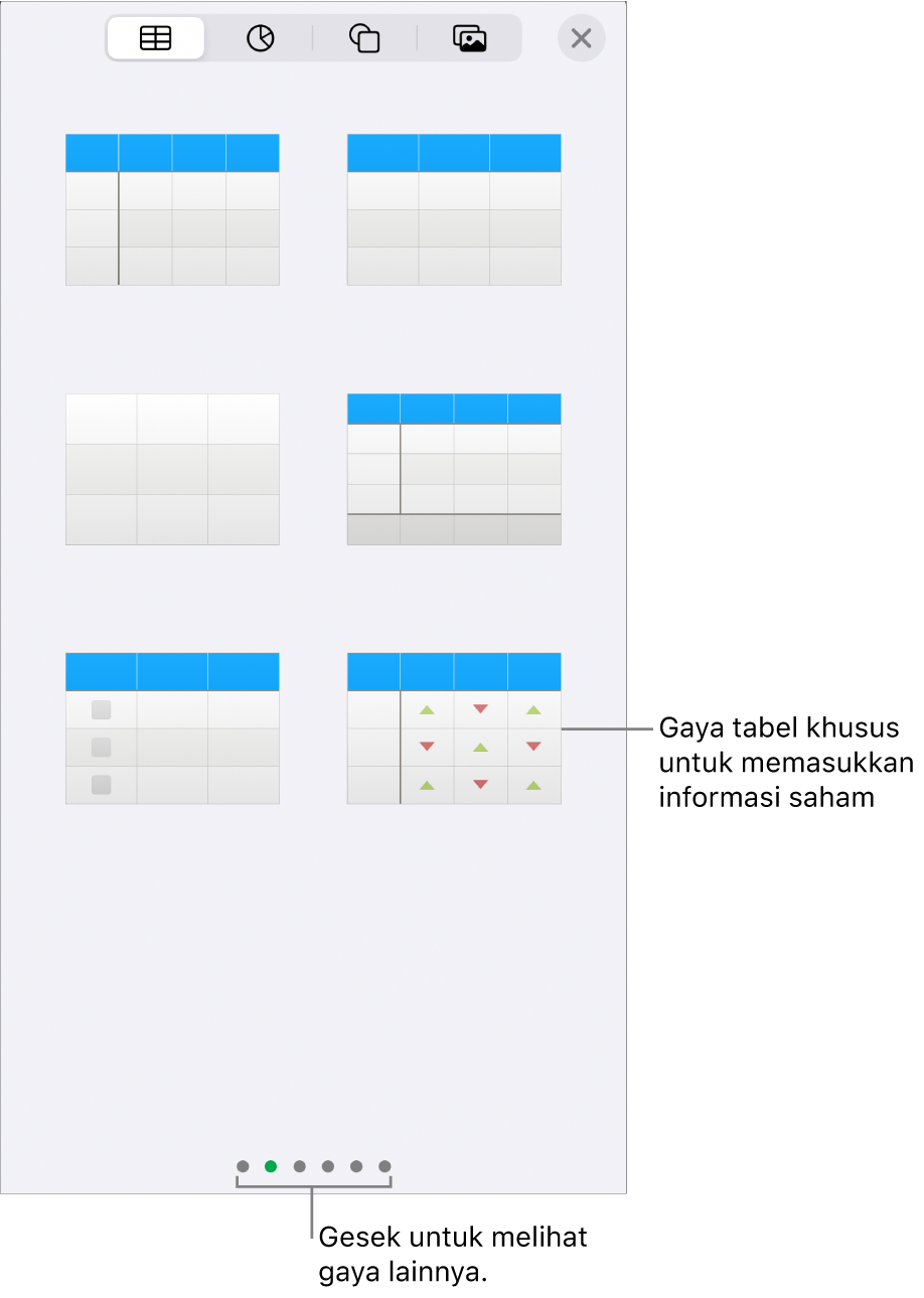 Gambar mini gaya tabel yang tersedia, dengan gaya khusus untuk memasukkan informasi saham di pojok kanan bawah. Enam titik di bagian bawah menunjukkan bahwa Anda dapat menggesek untuk melihat gaya lainnya.