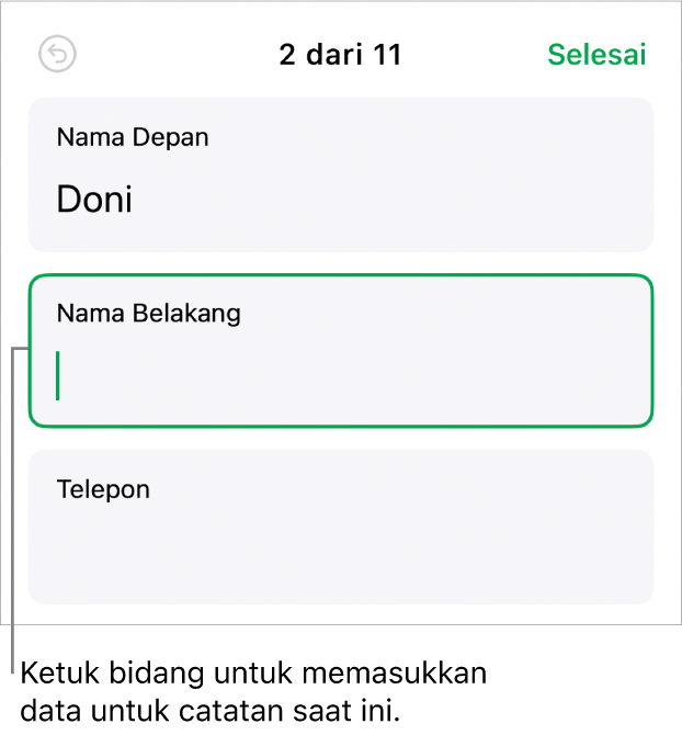 Catatan di formulir menampilkan bidang aktif dengan titik penyisipan.