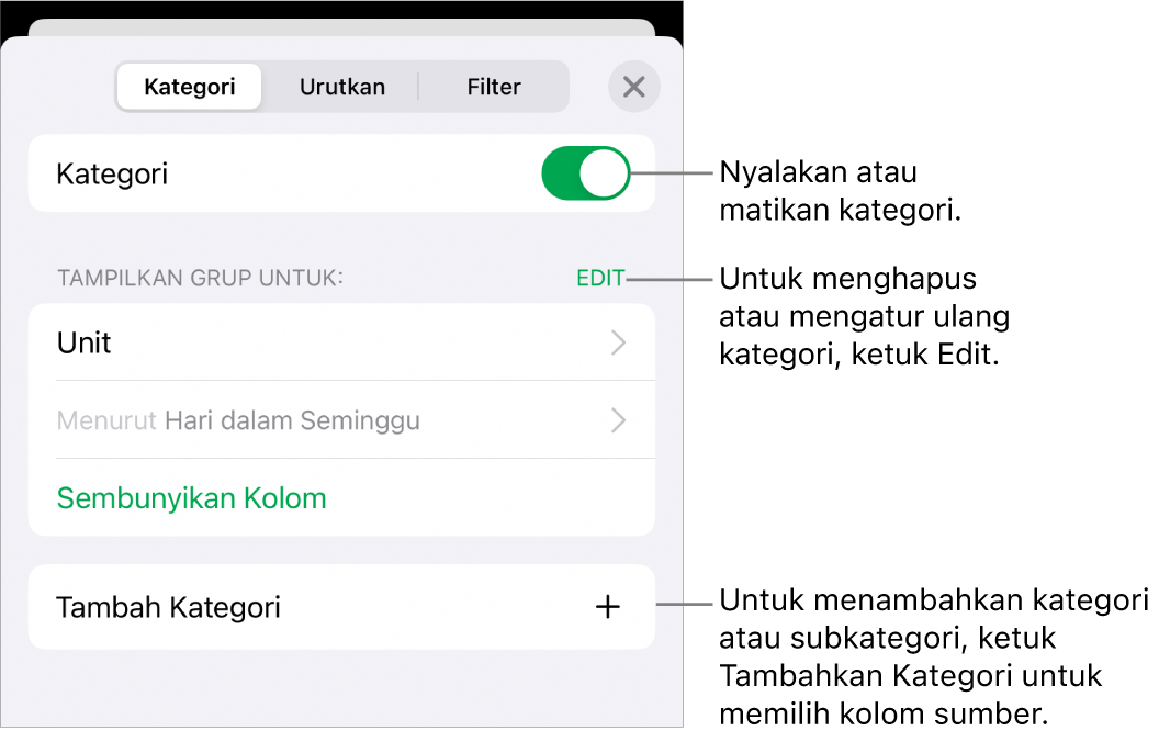 Menu Kategori untuk iPhone dengan pilihan untuk mematikan kategori, menghapus kategori, mengelompokkan ulang data, menyembunyikan kolom sumber, dan menambah kategori.