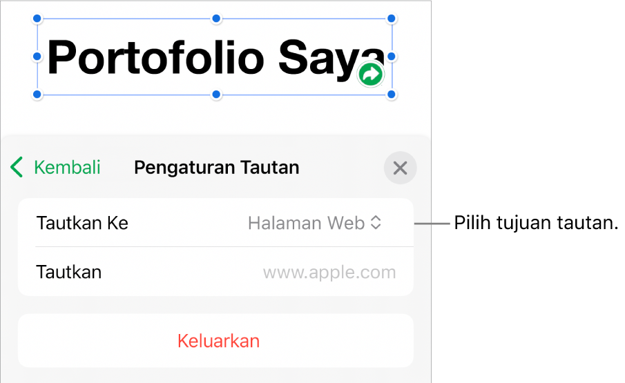 Kontrol Pengaturan Tautan dengan Halaman Web dipilih, dan tombol Hapus di bagian bawah.