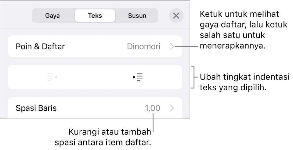 Bagian Poin & Daftar dari kontrol Format dengan keterangan ke Poin & Daftar, tombol indentasi luar dan indentasi dalam, serta kontrol spasi baris.
