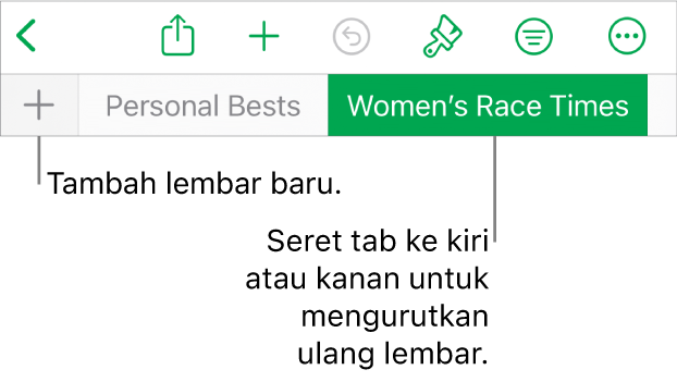Bar tab untuk menambah lembar baru, menavigasi, menyusun ulang, dan mengurutkan ulang lembar.