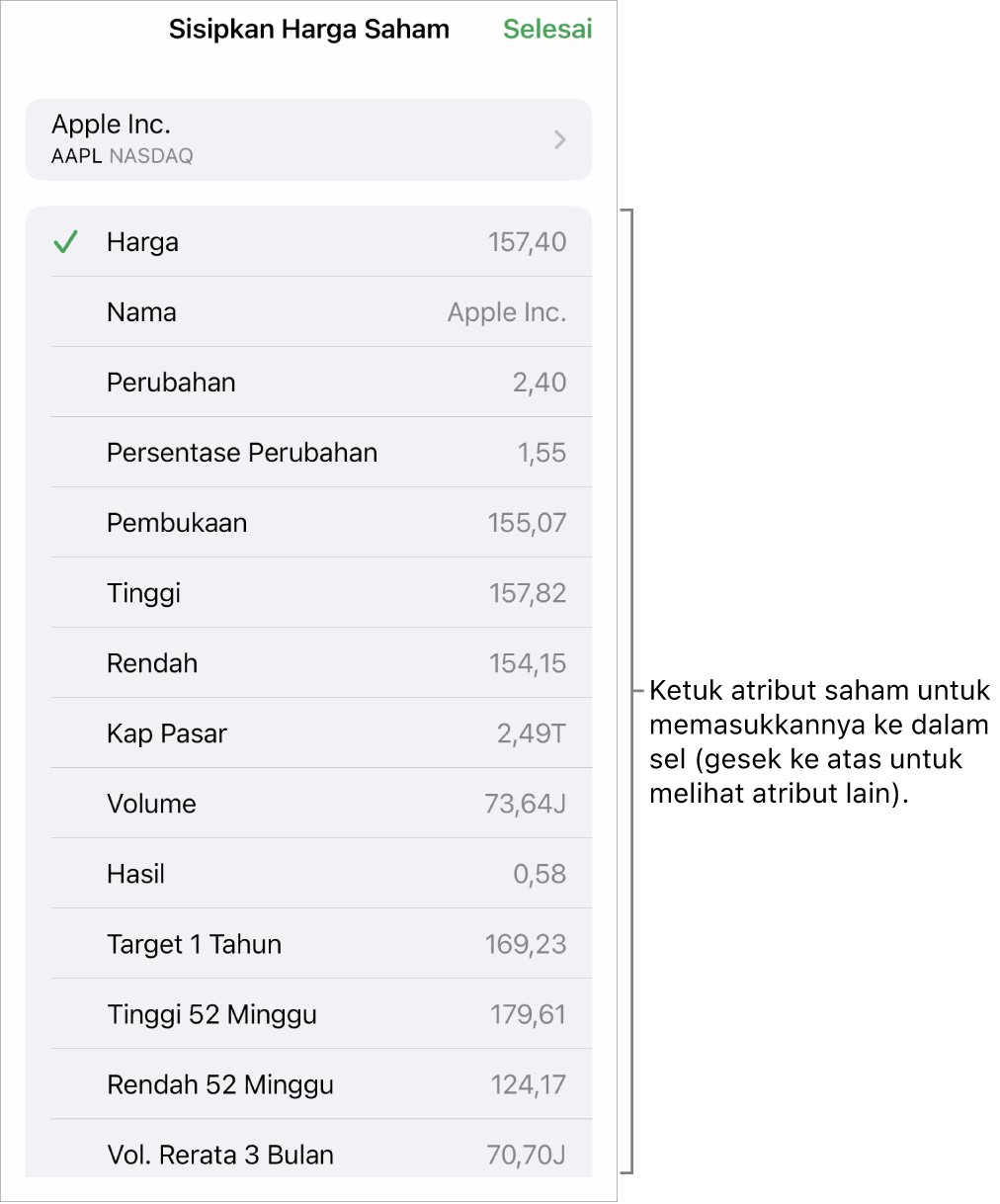 Popover harga saham, dengan nama saham di bagian atas, dan atribut saham yang dapat dipilih meliputi harga, nama, perubahan, persentase perubahan, dan pembukaan dicantumkan di bawah.