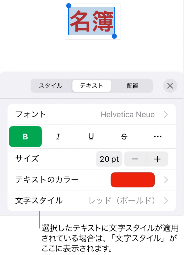 「テキスト」フォーマットコントロール。「カラー」コントロールの下に「文字スタイル」があります。文字スタイル「None」にアスタリスクが付いて表示されています。