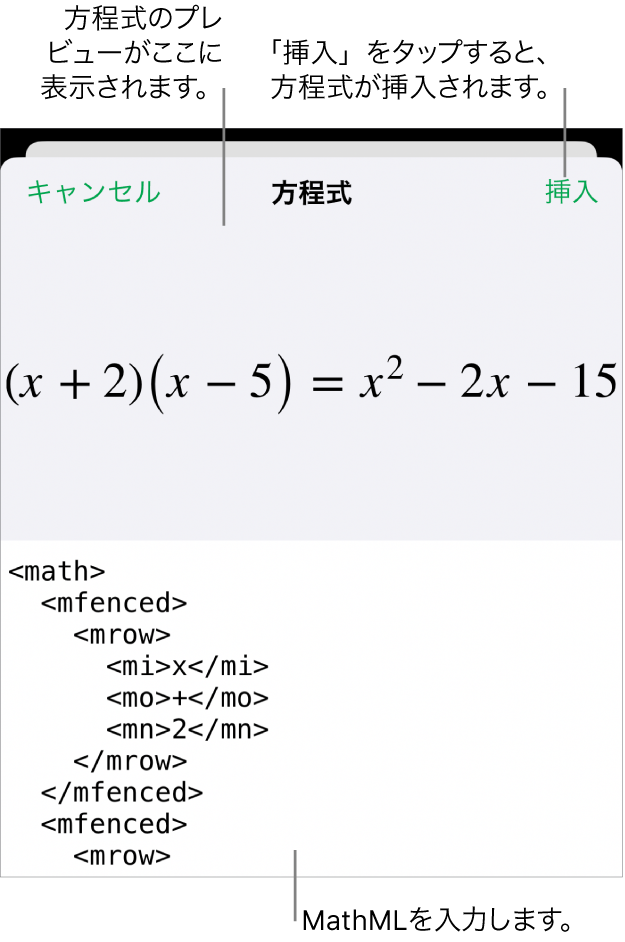 「方程式」ダイアログ。MathMLコマンドを使用して書き込まれた方程式が表示され、その上に公式のプレビューが表示されています。