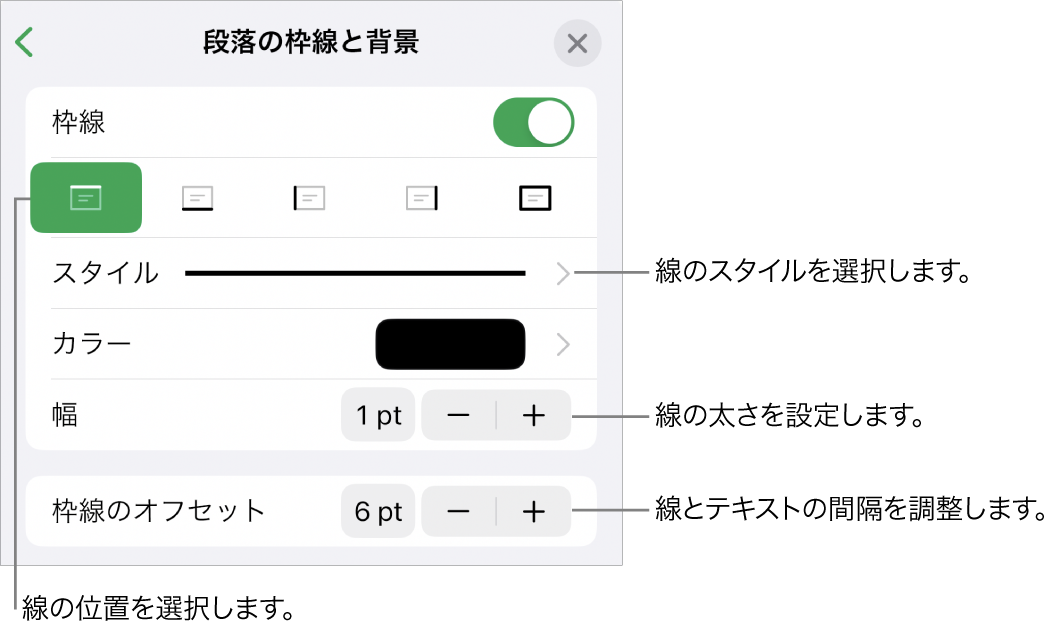線のスタイル、太さ、位置、カラーを変更するためのコントロール。