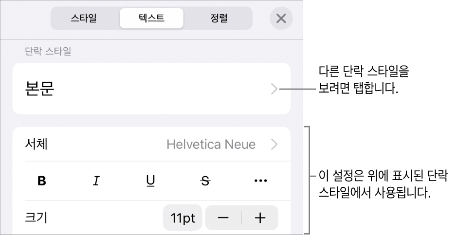 단락 및 문자 스타일, 서체, 크기 및 색상을 설정할 수 있는 텍스트 제어기를 표시하는 포맷 메뉴.