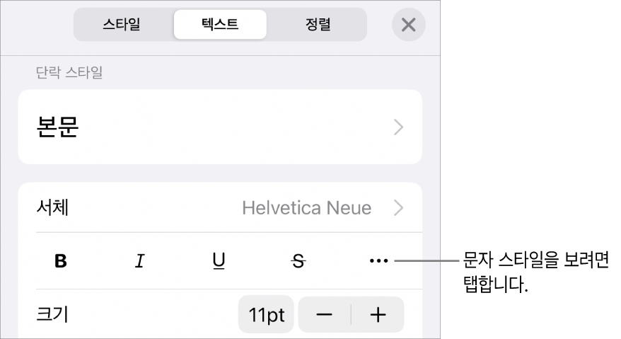 상단에 단락 스타일이 있고 그 아래에 서체 제어기가 있는 포맷 제어기. 서체 아래에는 볼드체, 이탤릭체, 밑줄체, 취소선 및 추가 텍스트 옵션 버튼이 있음.