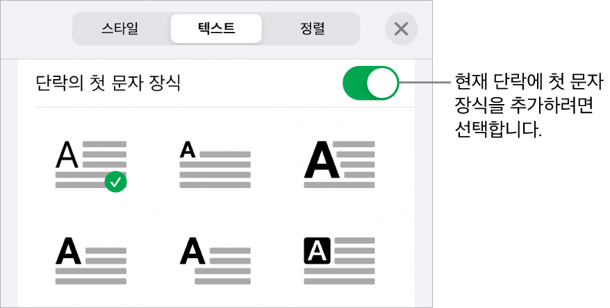 텍스트 메뉴에 위치한 ‘단락의 첫 문자 장식’ 제어기.