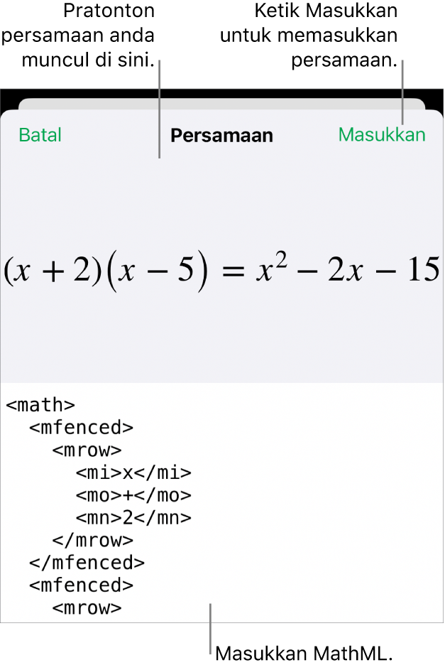 Dialog Persamaan, menunjukkan persamaan yang ditulis menggunakan perintah MathML manakala pratonton formulanya di atas.