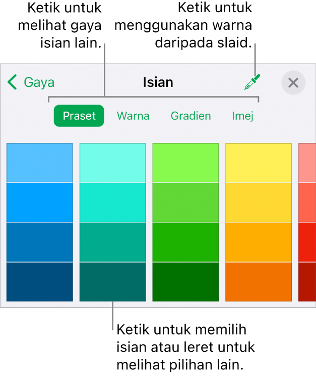 Pilihan Isian dalam anak tetingkap Gaya pada butang Format.