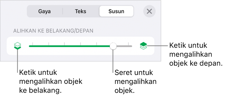 Butang Bergerak Ke Depan, butang Bergerak Ke Belakang dan gelangsar lapisan.