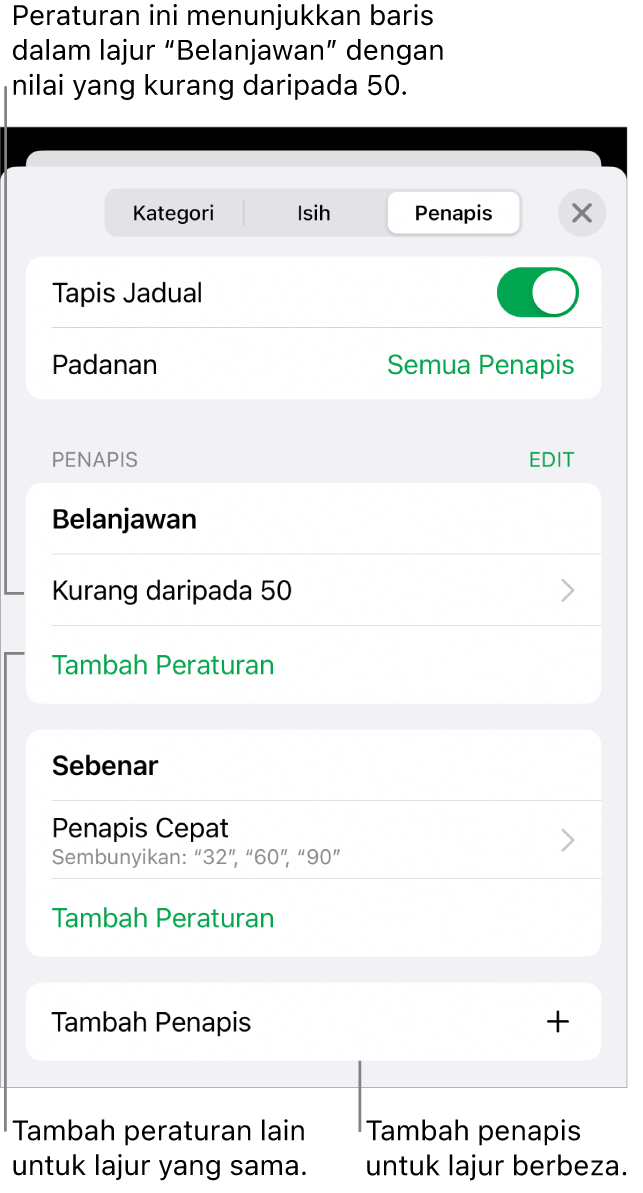 Kawalan untuk menambah peraturan penapisan baharu atau mengedit yang sedia ada.