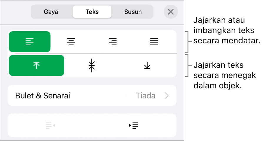 Bahagian Tataletak pada Pemeriksa Format dengan petak bual ke butang penjajaran dan jarak teks.