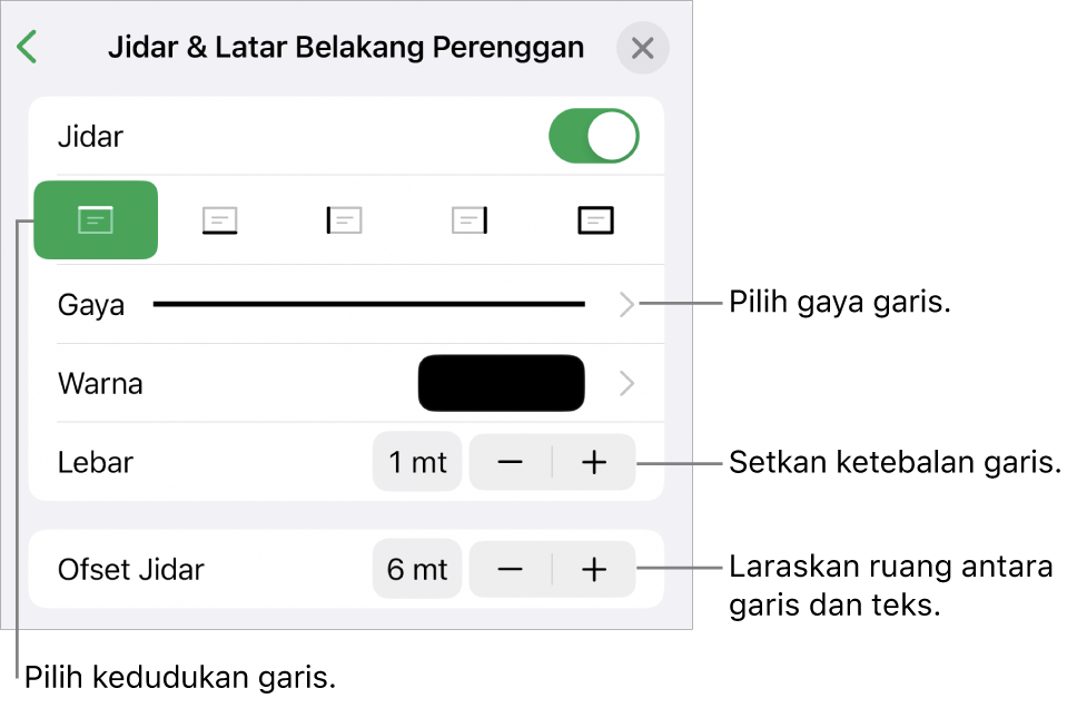 Kawalan untuk menukar gaya garis, ketebalan, kedudukan dan warna.