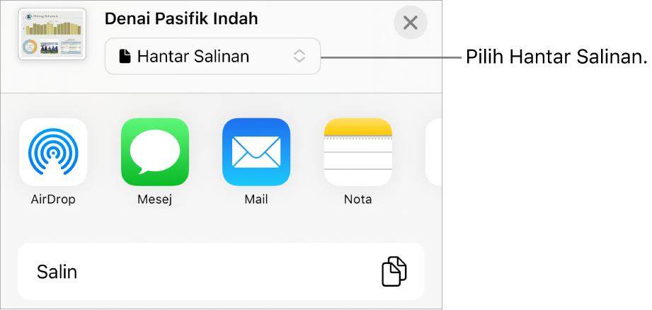 Menu Kongsi dengan Hantar Salinan dipilih di bahagian atas.