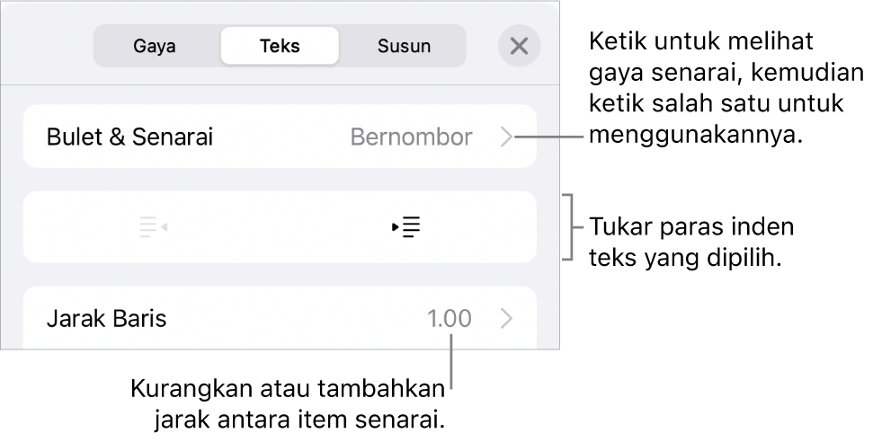 Bahagian Bulet & Senarai daripada kawalan Format dengan petak bual ke Bulet & Senarai, butang outden dan inden serta kawalan jarak baris.