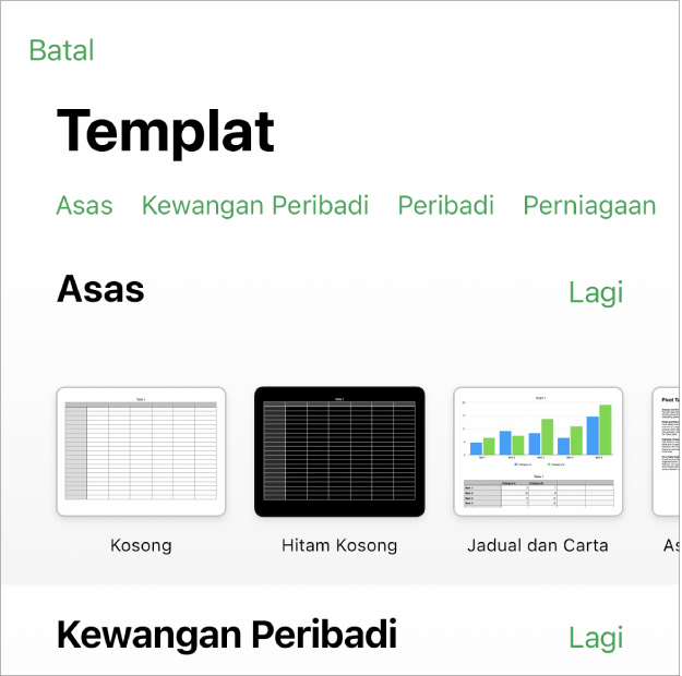 Pemilih templat menunjukkan baris kategori merentas bahagian atas yang anda boleh ketik untuk menapis pilihan. Di bawah ialah imej kecil templat yang diprareka bentuk disusun dalam baris mengikut kategori, bermula dengan Terbaru di bahagian atas dan diikuti oleh Asas. Butang Lihat Semua kelihatan di atas dan di sebelah kanan setiap baris kategori.