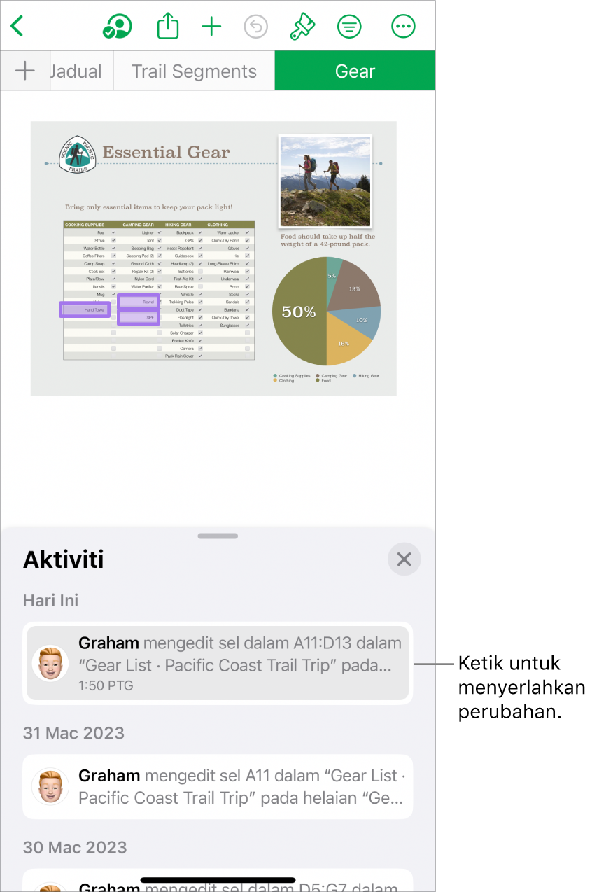 Hamparan bekerjasama dengan menu kerjasama dan senarai aktiviti dibuka.