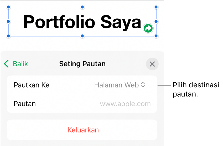 Kawalan Seting Pautan dengan Halaman Web dipilih dan butang Keluarkan di bahagian bawah.