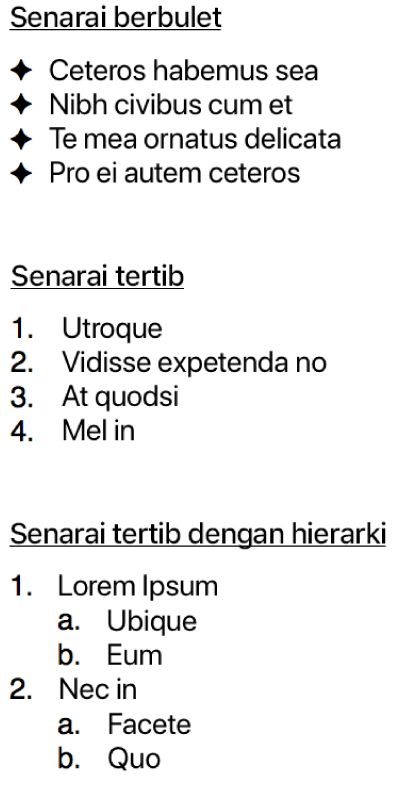 Contoh senarai berbulet, tersusun dan tersusun dengan hierarki.