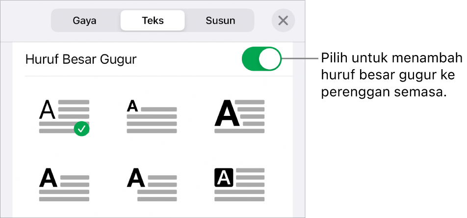 Kawalan Huruf Besar Gugur berada dalam menu Teks.