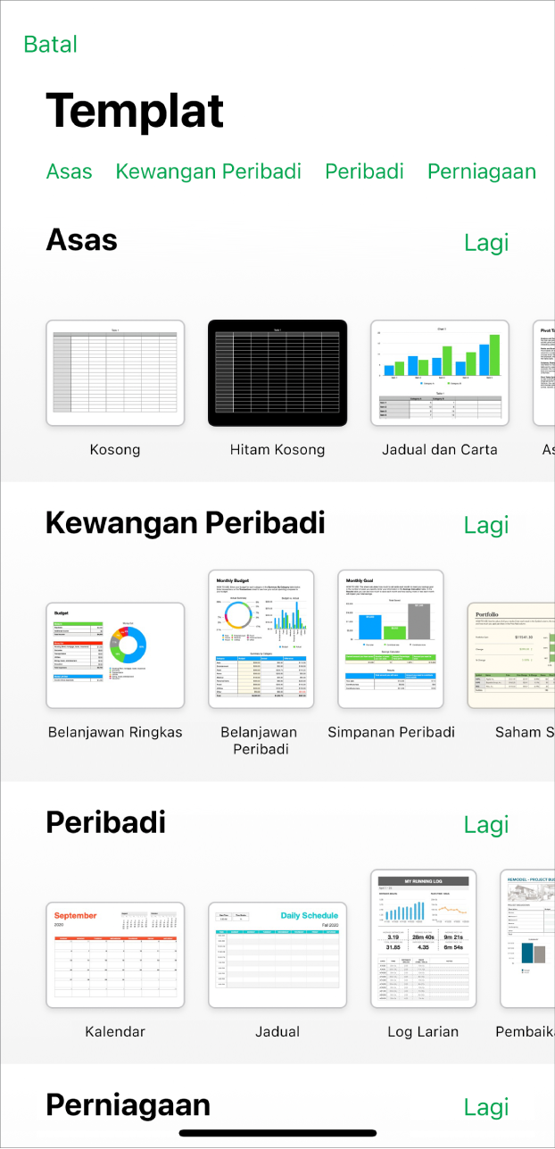 Pemilih templat menunjukkan baris kategori merentas bahagian atas yang anda boleh ketik untuk menapis pilihan. Di bawah ialah imej kecil templat yang diprareka bentuk disusun dalam baris mengikut kategori, bermula dengan Asas di bahagian atas dan diikuti oleh Kewangan Peribadi, Peribadi dan Perniagaan. Butang Lihat Semua kelihatan di atas dan di sebelah kanan setiap baris kategori. Butang Batalkan berada di penjuru atas kiri.