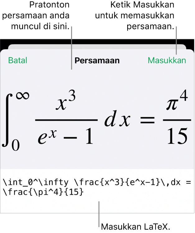 Dialog Persamaan, menunjukkan persamaan yang ditulis menggunakan perintah LaTex manakala pratonton formulanya di atas.