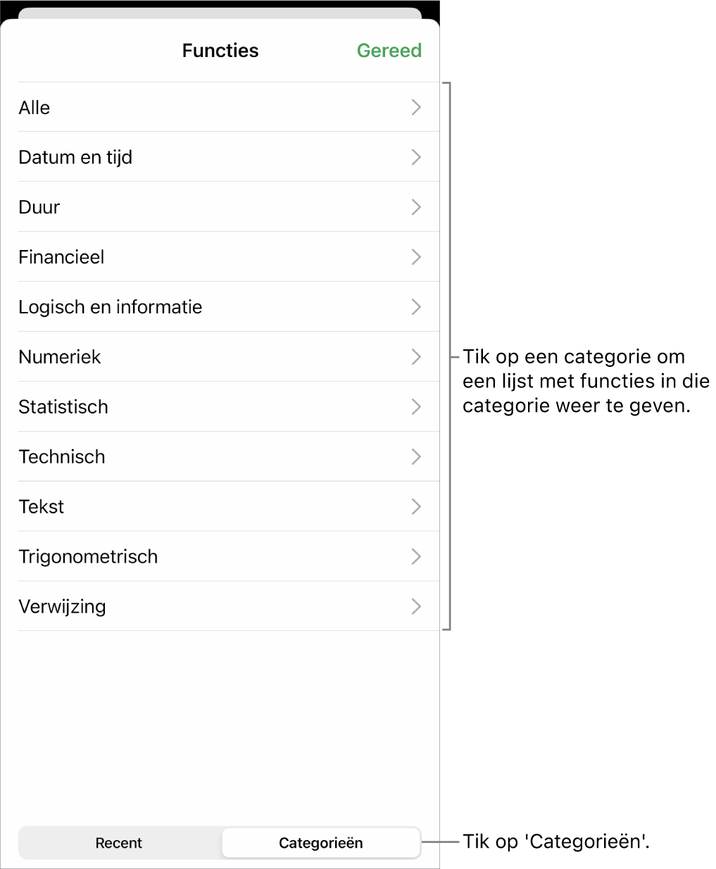 De functiekiezer met de knop 'Categorieën' geselecteerd en de lijst met categorieën eronder.