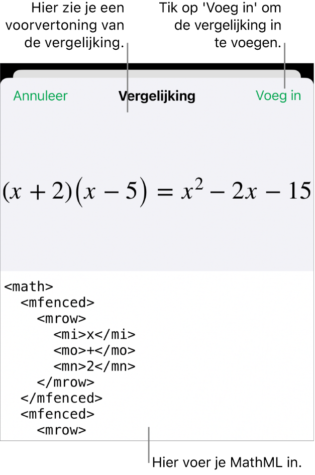 Het venster 'Vergelijking' met daarin een vergelijking die geschreven is met MathML-commando's en erboven een voorvertoning van de formule.