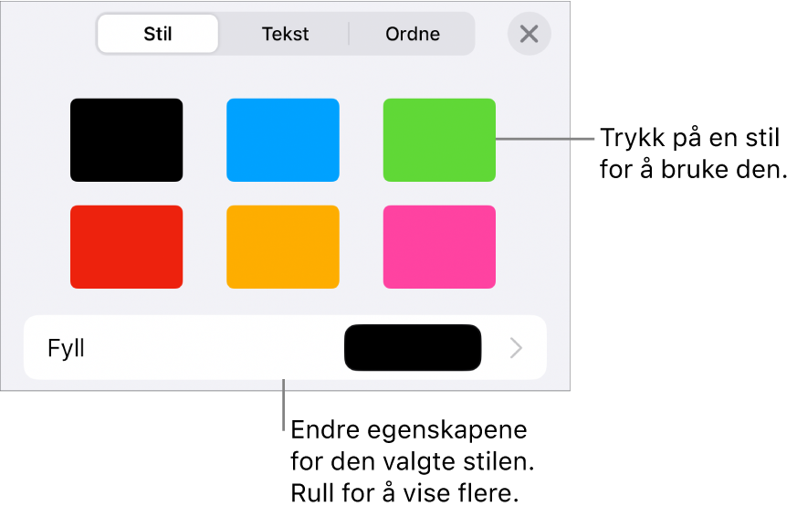 Stil-fanen i Format-menyen med objektstiler øverst og en kontroll under for å endre fyllet.